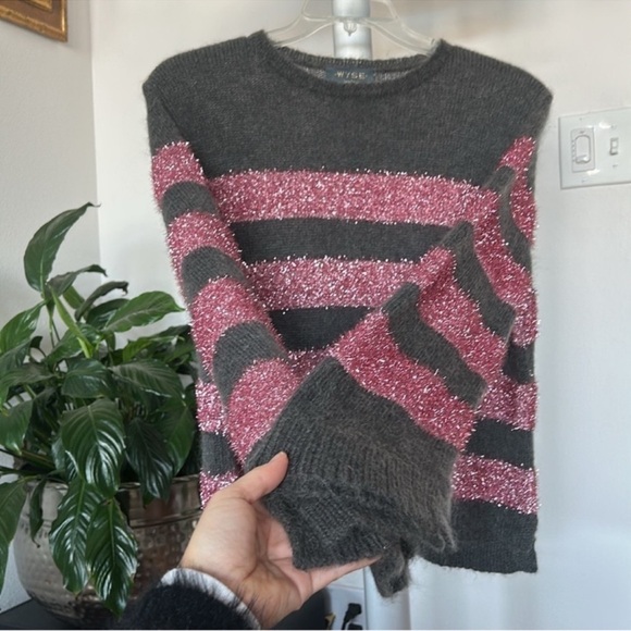 WYSE London Knit Wool Mohair Blend Sweater Sz M/L Striped Gray Pink Sparkly - Picture 4 of 9